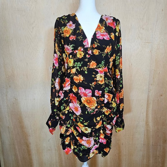 HYFYVE Black Floral V-Neck Ruched Mini Dress With Long Sheer Sleeves Size Medium - Picture 1 of 10